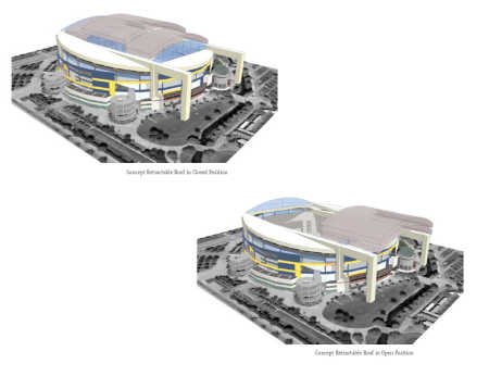 An artist's rendition shows Tropicana Field with an expanded concourse and retractable roof. (Courtesy of the Tampa Bay Times)
